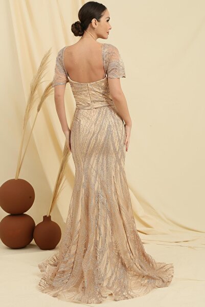 By Saygı Strapless Low Sleeve Lined GlitteryFlock Printed Long Fish Dress