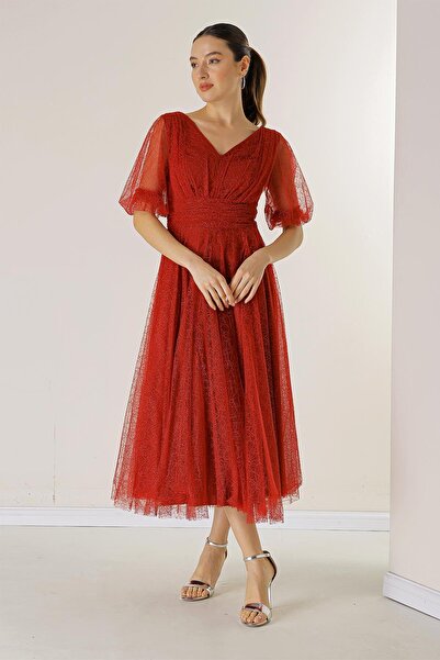 By Saygı Front Back V Neck Short Balloon Sleeve Lined Spider Pattern Glittery Dalya Fabric Dress