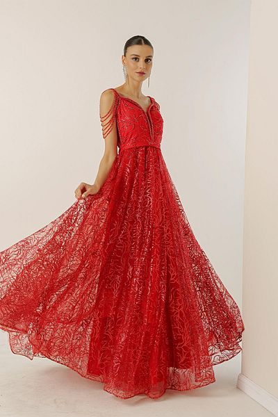 By Saygı Rochie lungă cu imprimeu float cu sclipici, căptușită cu mărgele