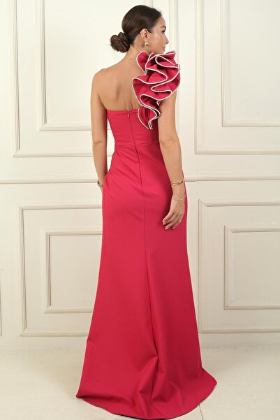 By Saygı Rochie de seară din crepon cu un singur umăr de salată verde cu detaliu din piatră strălucitoare - căptușită