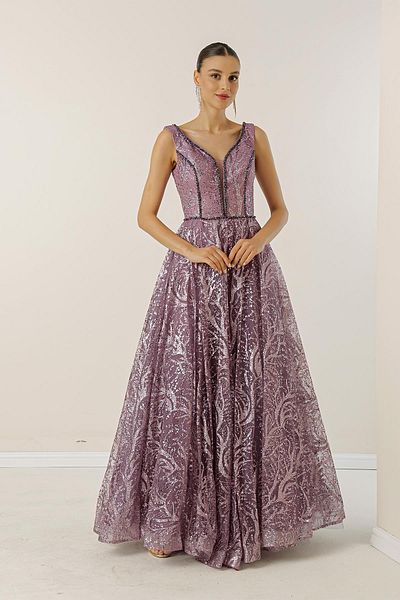 By Saygı Front Back V-Neck Beaded Detailed Lined Back Lace Sequined Glittery Long Dress