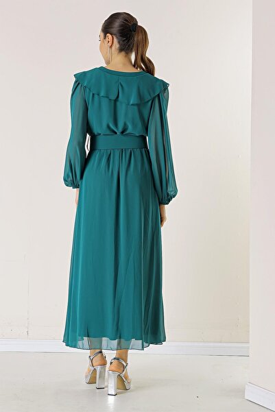 By Saygı Flutter Collar Banded Waist Belt Lined Chiffon Dress