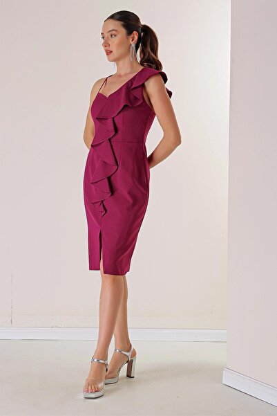 By Saygı Tek Omuz Önü Yırtmaçlı Abiye Elbise