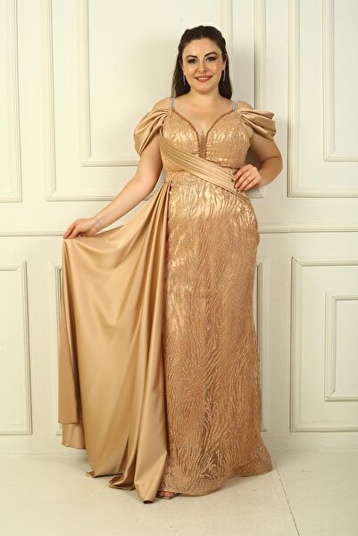 By Saygı Zincir Askılı Ön Arka V Yaka Düşük Kollu Simli Flok Baskılı Astarlı Uzun Balık Elbise