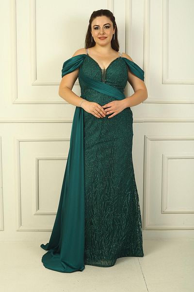 By Saygı Φόρεμα V-Neck Glitter Flock Long Fish με στάμπα - λουράκι με αλυσίδα και χαμηλό μανίκι