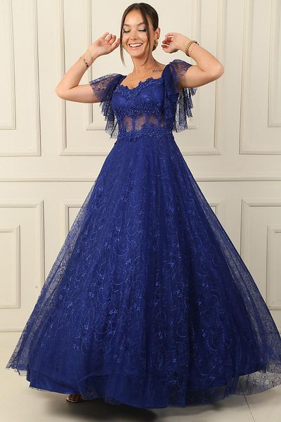 By Saygı Liz Lace - Madonna Collar and Bead Embroidered Long Dress