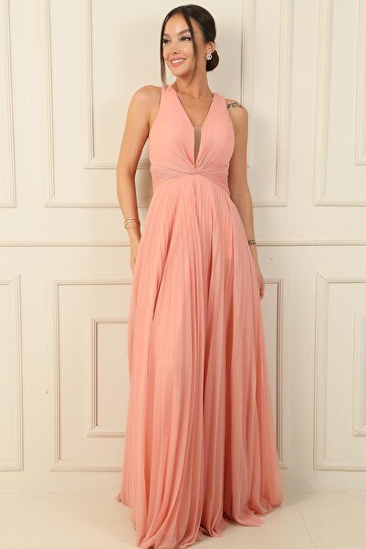 By Saygı Long Chiffon Evening Dress - Pleated Dress with Backless, Knot Detail and Lining