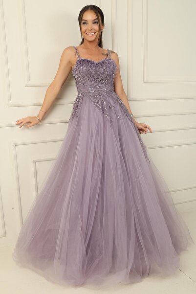 By Saygı Askılı Yaka Tüylü Pul-Boncuk İşlemeli Astarlı Uzun Prenses Abiye Elbise