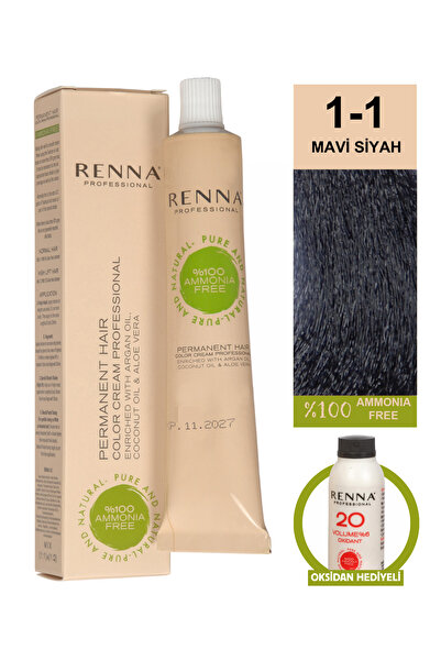 Renna Bitkisel Saç Boyası 1-1 Mavi Siyah 60 Ml - Oksidan Hediyeli (%100 Amony...