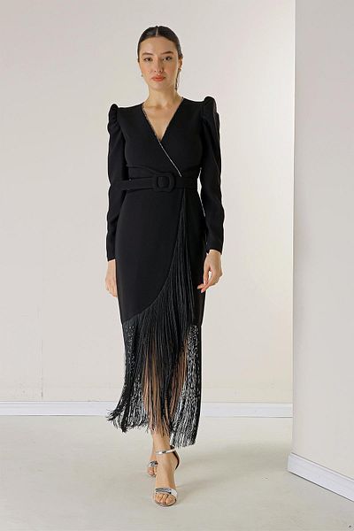 By Saygı Double Breasted Collar Shoulders Padded Waist Belt Lined Tassel Crepe Dress
