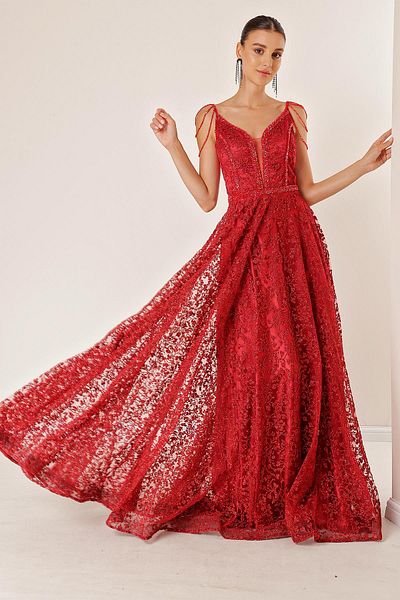 By Saygı Coral Long Dress with Thin Straps V Neck Beading Detail Back Tie Lining Glitter Flock Print