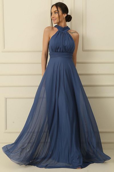 By Saygı Halter Neck Lined Long Tulle Dress