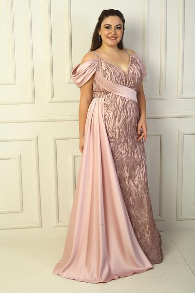 By Saygı V-Neck Glitter Flock Printed Long Fish Dress - Chain Strap and Low Sleeve