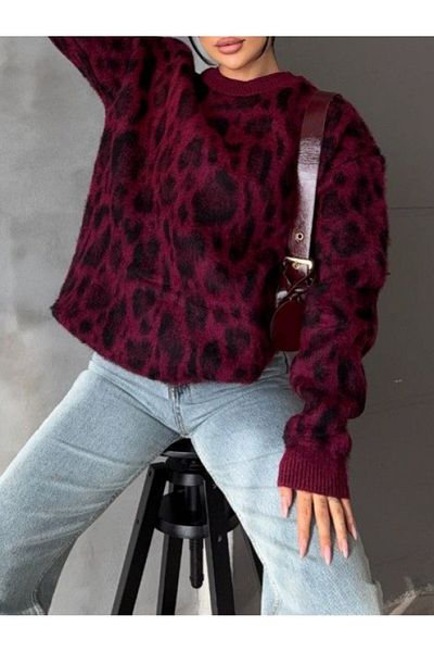 Modamorfo Leopard Print Round Neck Raised Knitwear Tunic - Cyan