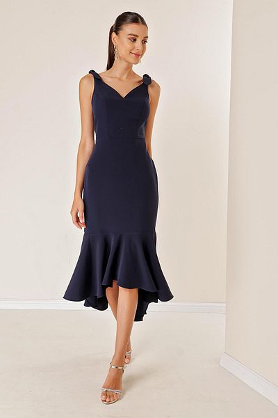By Saygı Thin Straps Lined Front Short Back Flounce Dress