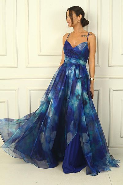 By Saygı Floral Patterned - Lace-up and Draped Organza Long Women's Dress