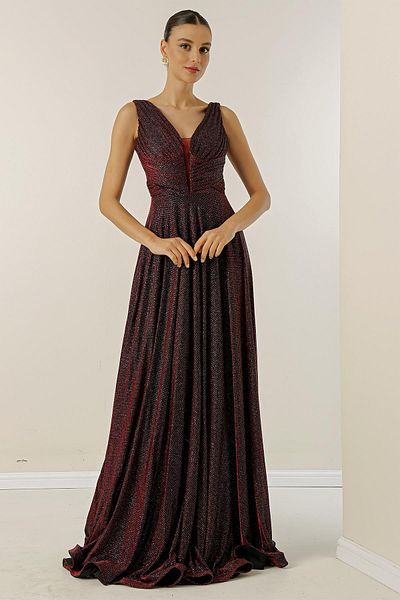 By Saygı Thick Strap Lined Mini Checkered Wide Size Glittery Long Dress
