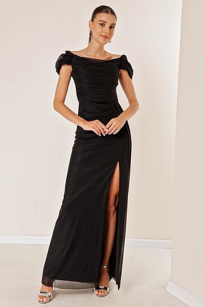 By Saygı Glitzerndes langes Kleid mit Kordelzug vorne und niedrigem Ärmelfutter