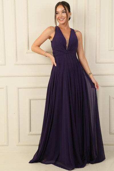 By Saygı Βραδινό φόρεμα μακρύ σιφόν - πλισέ φόρεμα με εξώπλατο, λεπτομέρεια με κόμπο και φόδρα