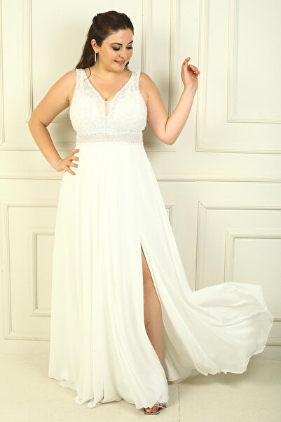 By Saygı V-Neck Beaded Flower Motif Long Chiffon Evening Dress - Lined