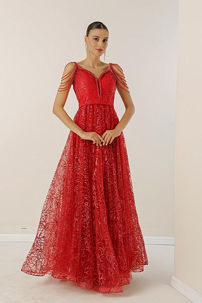 By Saygı Rochie lungă cu imprimeu float cu sclipici, căptușită cu mărgele