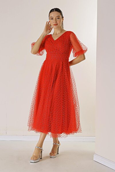 By Saygı Μπροστινό πίσω V λαιμόκοψη Κοντό μανίκι μπαλόνι τετράγωνο με στίγματα Glitter φόρεμα Dalya με επένδυση από ύφασμα