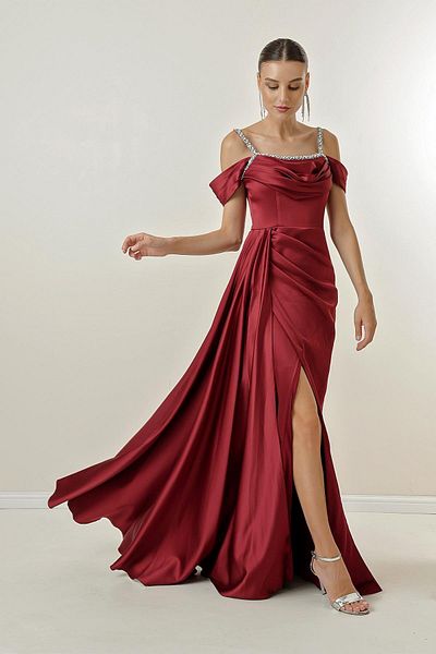 By Saygı Stone Detailed Thin Straps Low Sleeve Lined Long Satin Dress