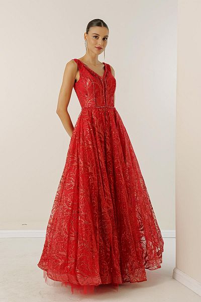 By Saygı Front Back V-Neck Beaded Detailed Lined Back Lace Sequined Glittery Long Dress