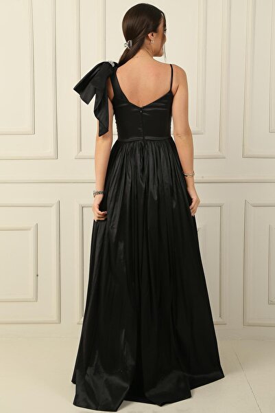 By Saygı One Shoulder Lined and Draped Long Taffeta Evening Dress