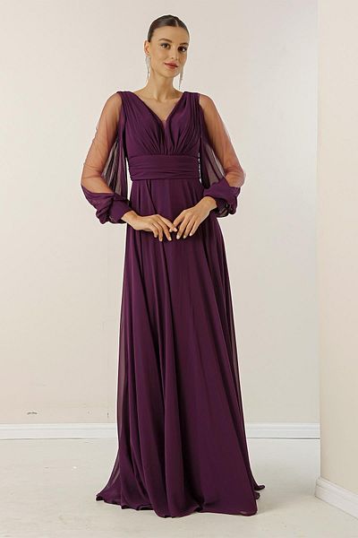 By Saygı Front Back V-Neck Front Draped Sleeves Tulle Lined Wide Size Long Chiffon Dress