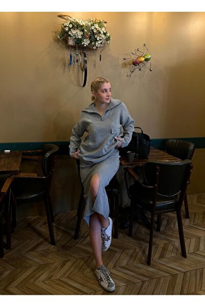 FİOXCO Fraser Dark Gray Zippered Sweater/Skirt Double Knitwear Set