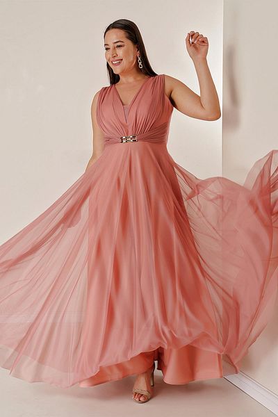 By Saygı Front and Back V-Neck Tulle Evening Dress with Front Buckle