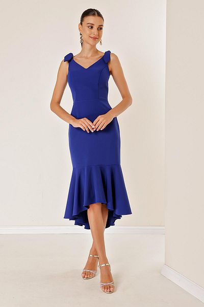 By Saygı Thin Straps Lined Front Short Back Flounce Dress