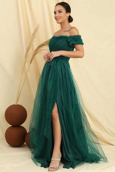 By Saygı Frilly Collar and Sleeve Belted Lined Long Tulle Dress