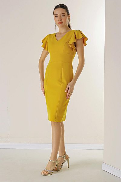 By Saygı Front Back V-Neck Sleeves Flounced Lined Crepe Dress