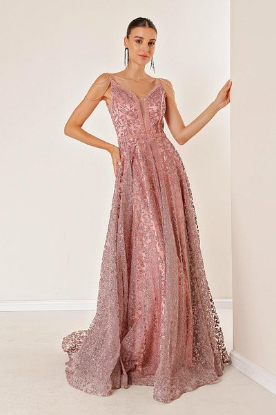 By Saygı Thin Strap Bead Detailed Tie Back Lined Floral Glitter Flock Printed Long Dress