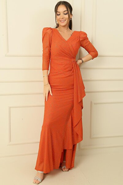 By Saygı Front And Back V Neck Long Sleeve Gathered Lined Dress