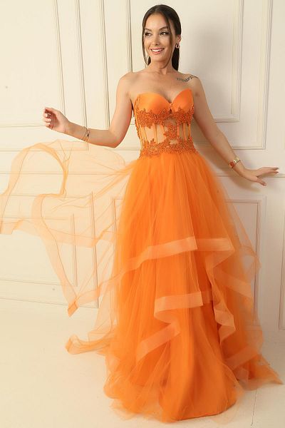 By Saygı Bead Embroidered Sheer Layered Tulle Taffeta Long Evening Dress