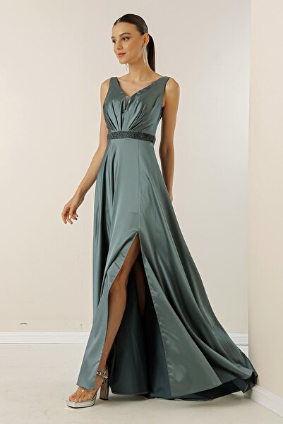 By Saygı V-Neck Thick Strap Waist Beaded Lined Wide Size Long Satin Dress