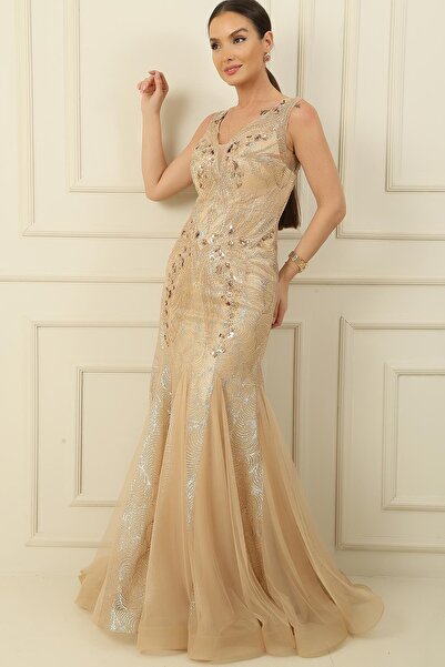 By Saygı Glittery Long Fish Dress with Sequin and Beaded Lining and Tie Back