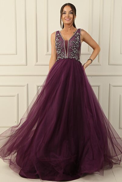 By Saygı Μακρύ φόρεμα από τούλι - Κεντημένο με πέτρα και χάντρες και φόδρα