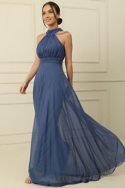 By Saygı Halter Neck Lined Long Tulle Dress