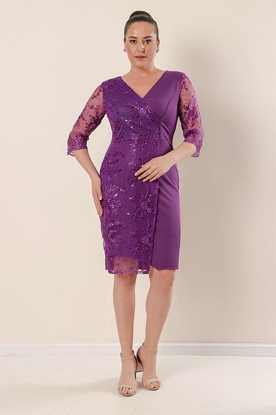 By Saygı One Side Sleeves Lace Plus Size Evening Dress
