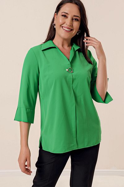 By Saygı Polo Neck Brooch Quarter Sleeve Plus Size Blouse