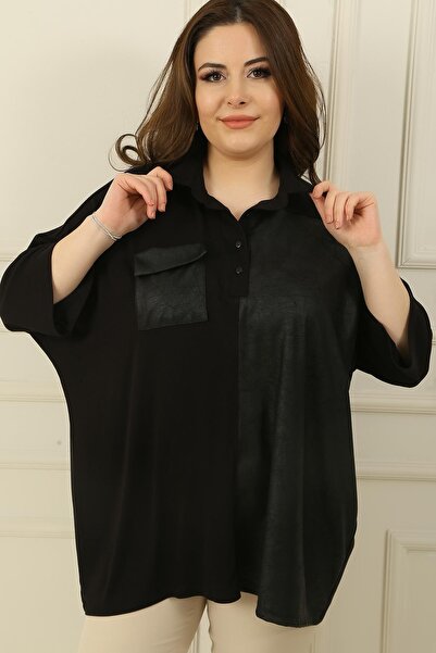 By Saygı Δερμάτινη γαρνιρισμένη μπλούζα φράουλα με μανίκι με κουμπιά μονής τσέπης