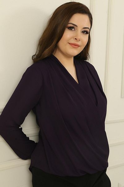 By Saygı Double Breasted Collar Pleated Crepe Chiffon Plus Size Blouse