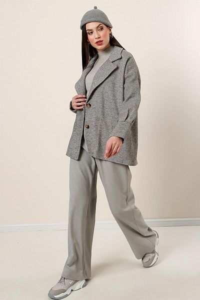 By Saygı Oversize Lined Cashmere Jacket with Cuff Sleeves Pockets