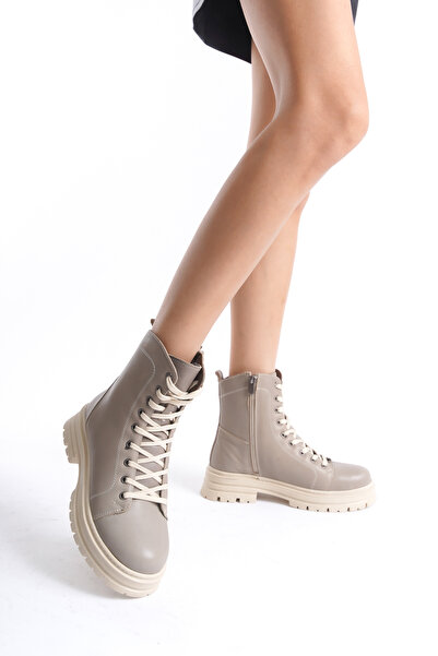 DERİ LİFE Hakiki Deri Fermuarlı Günlük Bağcıklı Kısa Kadın Bot / Bootie