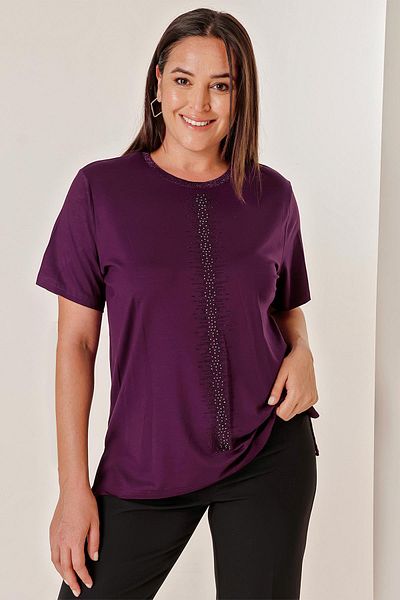 By Saygı Short Sleeve Plus Size Blouse with Vertical Stone Print on the Front