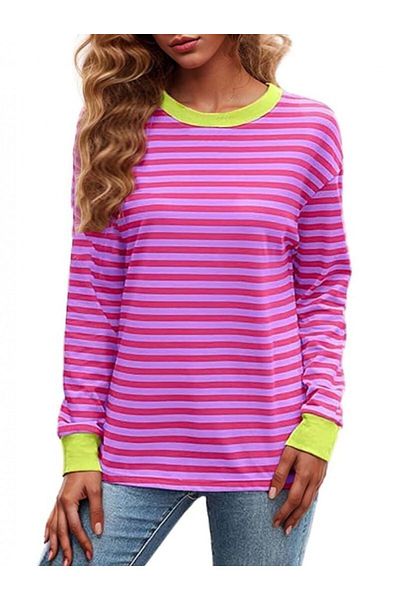 Modamorfo Bunt gestreifter Rundhalsausschnitt – Fuchsia